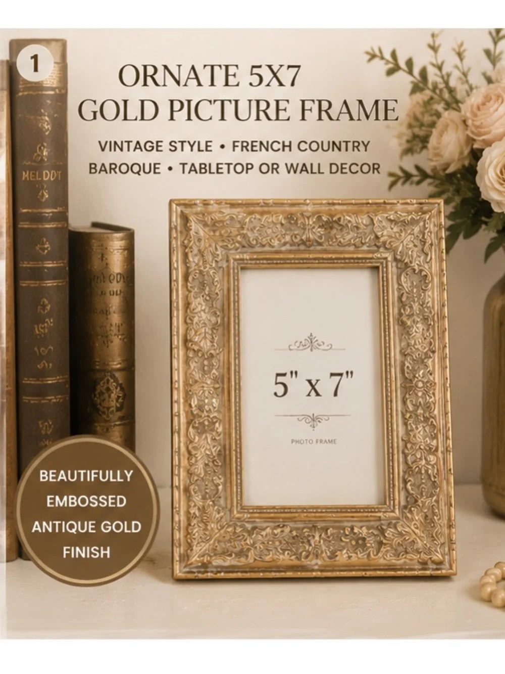 Ornate 5x7 Gold Frame Vintage Style Embossed French Country Baroque Tabletop